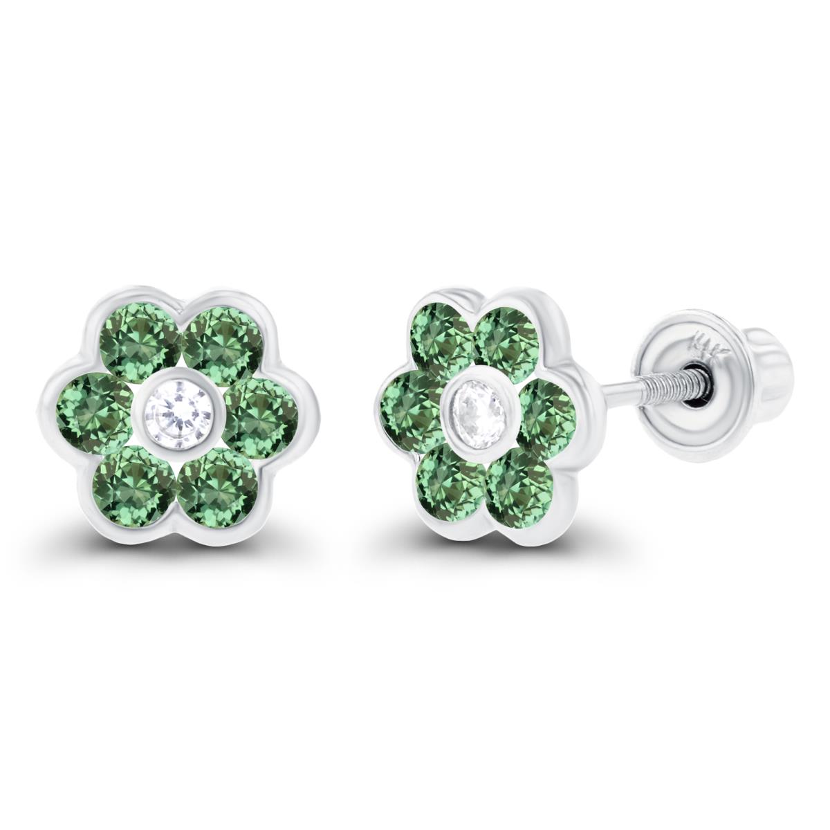 14K White Gold 1.50mm Created White Sapphire & 1.75mm Created Green Sapphire Bezel Flower Screwback Earring