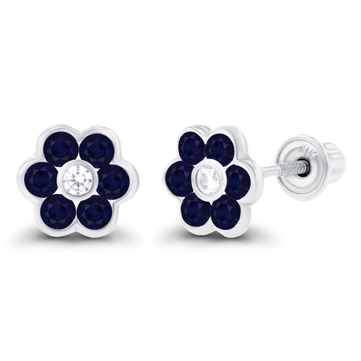 14K White Gold 1.50mm Created White Sapphire & 1.75mm Blue Sapphire Bezel Flower Screwback Earring