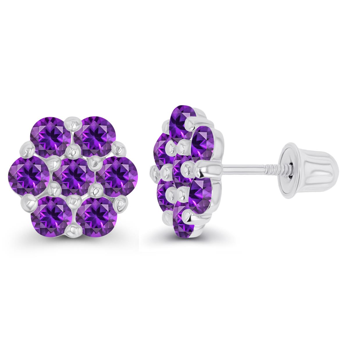14K White Gold 2.5mm Round Amethyst Flower Screwback Earring