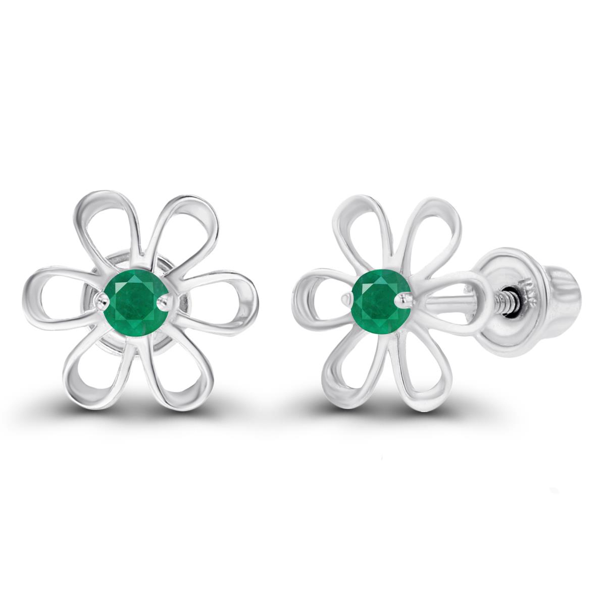 14K White Gold 2mm Round Emerald Daisy Flower Screwback Earring