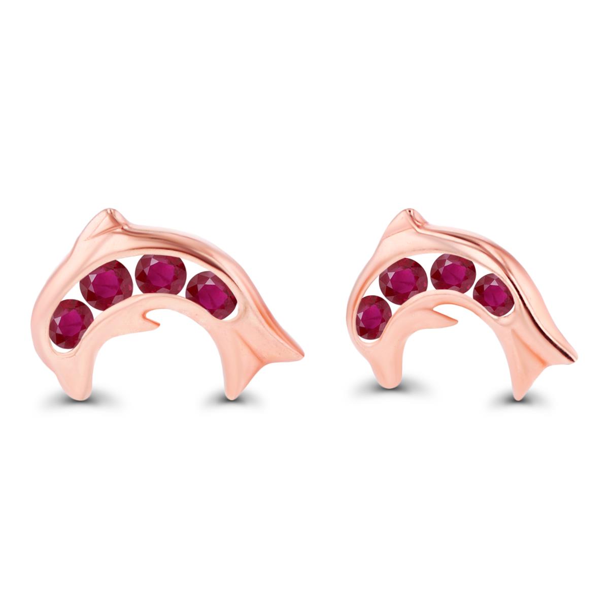 14K Rose Gold 1.5mm Round Ruby Dolphin Screwback Earrings