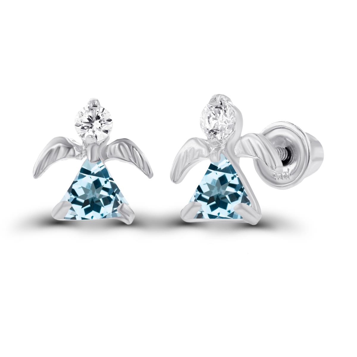 14K White Gold 3x3mm Trillion Sky Blue Topaz & 2mm Round Created White Sapphire Angel Screwback Earrings