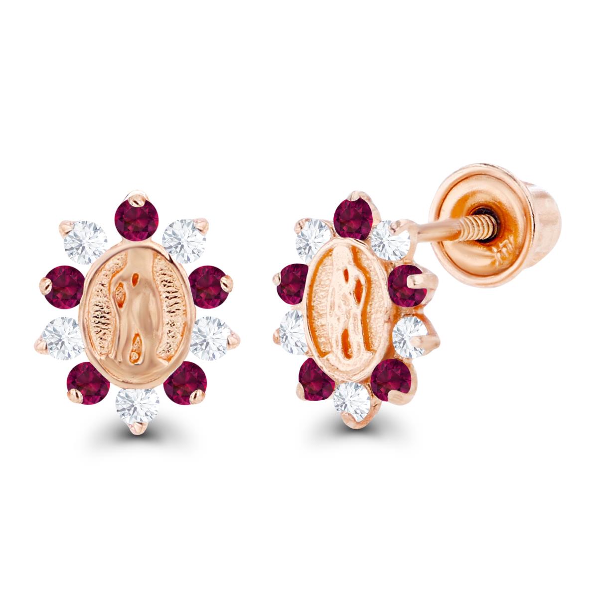 14K Rose Gold 1mm Round Created Ruby & Created White Sapphire Religious Screwback Earrings