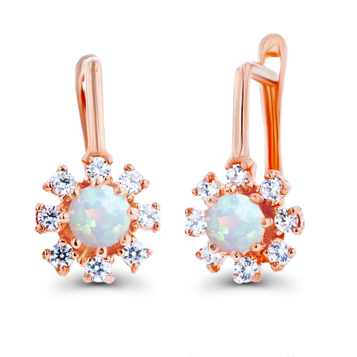 14K Rose Gold Rnd 3mm Created Opal & Created White Sapphire Flower Latchback Earrings