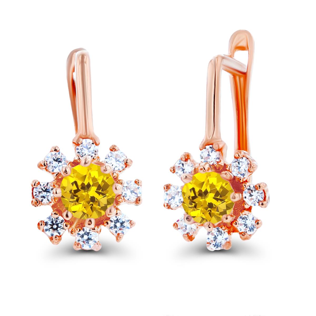 14K Rose Gold Rnd 3mm Created Yellow Sapphire & Created White Sapphire Flower Latchback Earrings