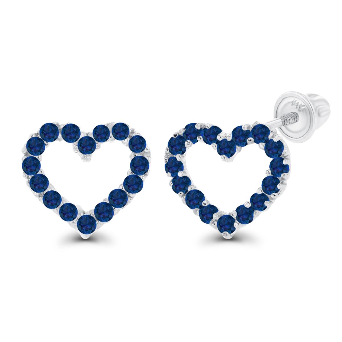 14K White Gold 1mm Round Created Blue Sapphire Open Heart Screwback Earrings
