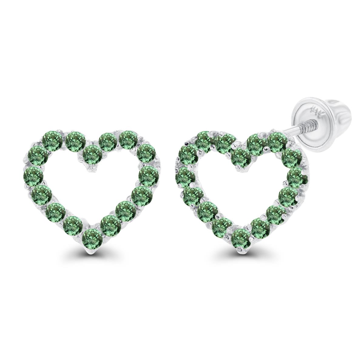 14K White Gold 1mm Round Created Green Sapphire Open Heart Screwback Earrings