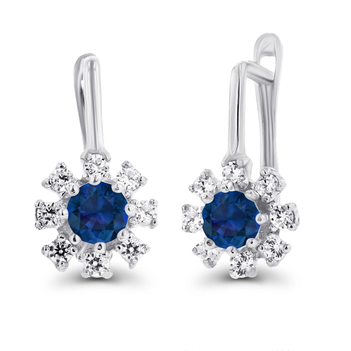 14K White Gold Rnd 3mm Created Blue Sapphire & Created White Sapphire Flower Latchback Earrings
