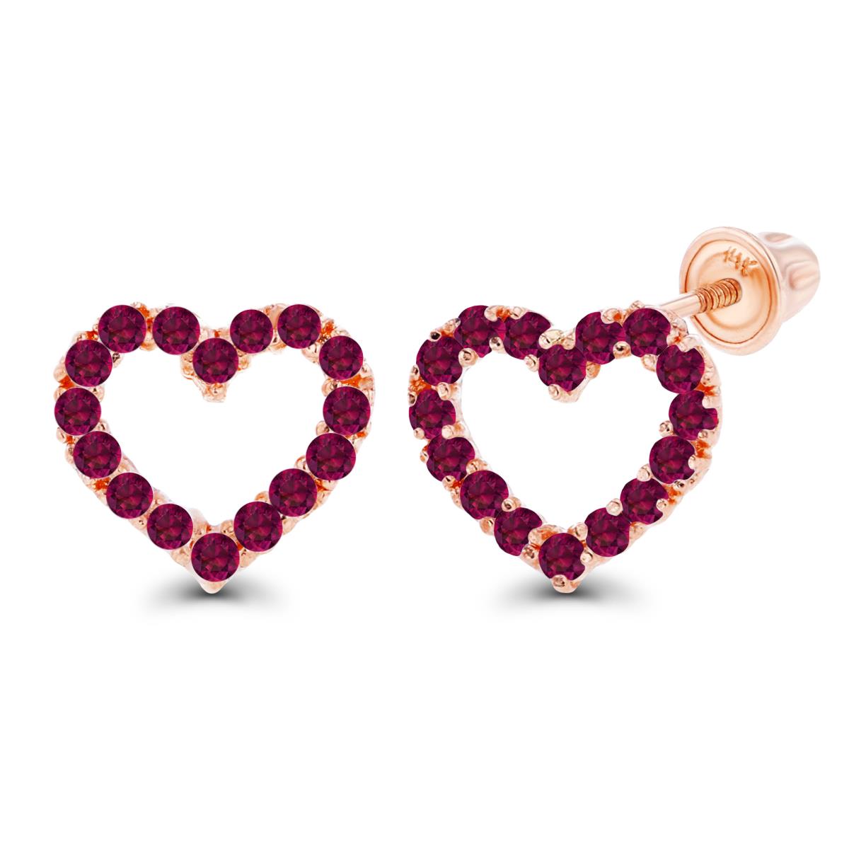 14K Rose Gold 1mm Round Created Ruby Open Heart Screwback Earrings