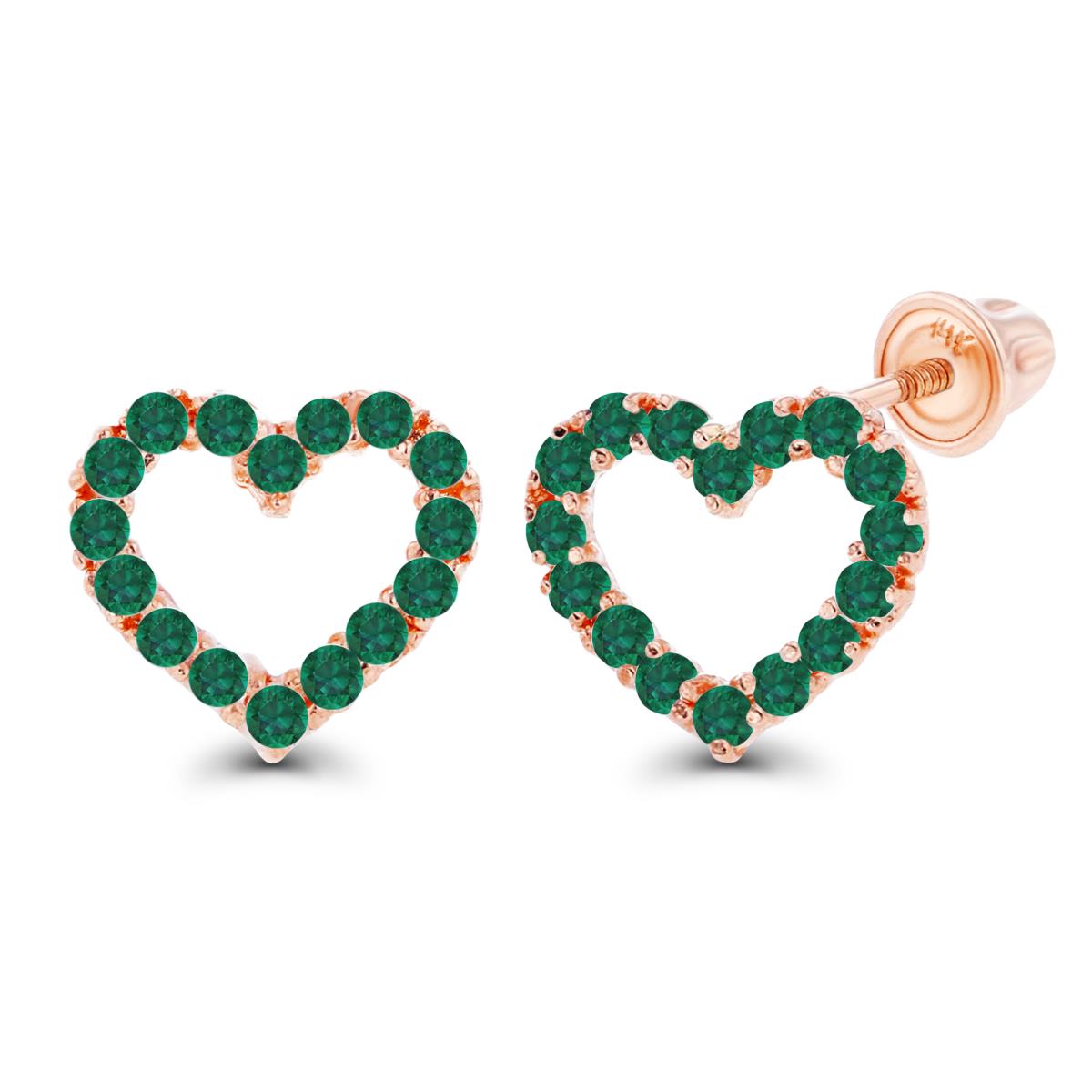 14K Rose Gold 1mm Round Created Emerald Open Heart Screwback Earrings