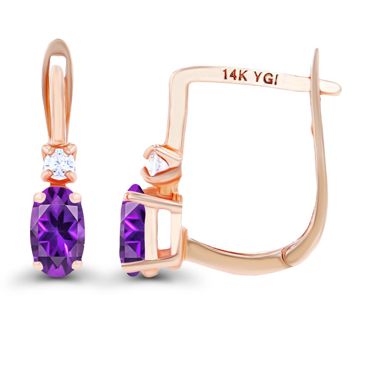 14K Rose Gold 5x3mm Oval Amethyst & 2mm Created White Sapphire Latchback Earrings