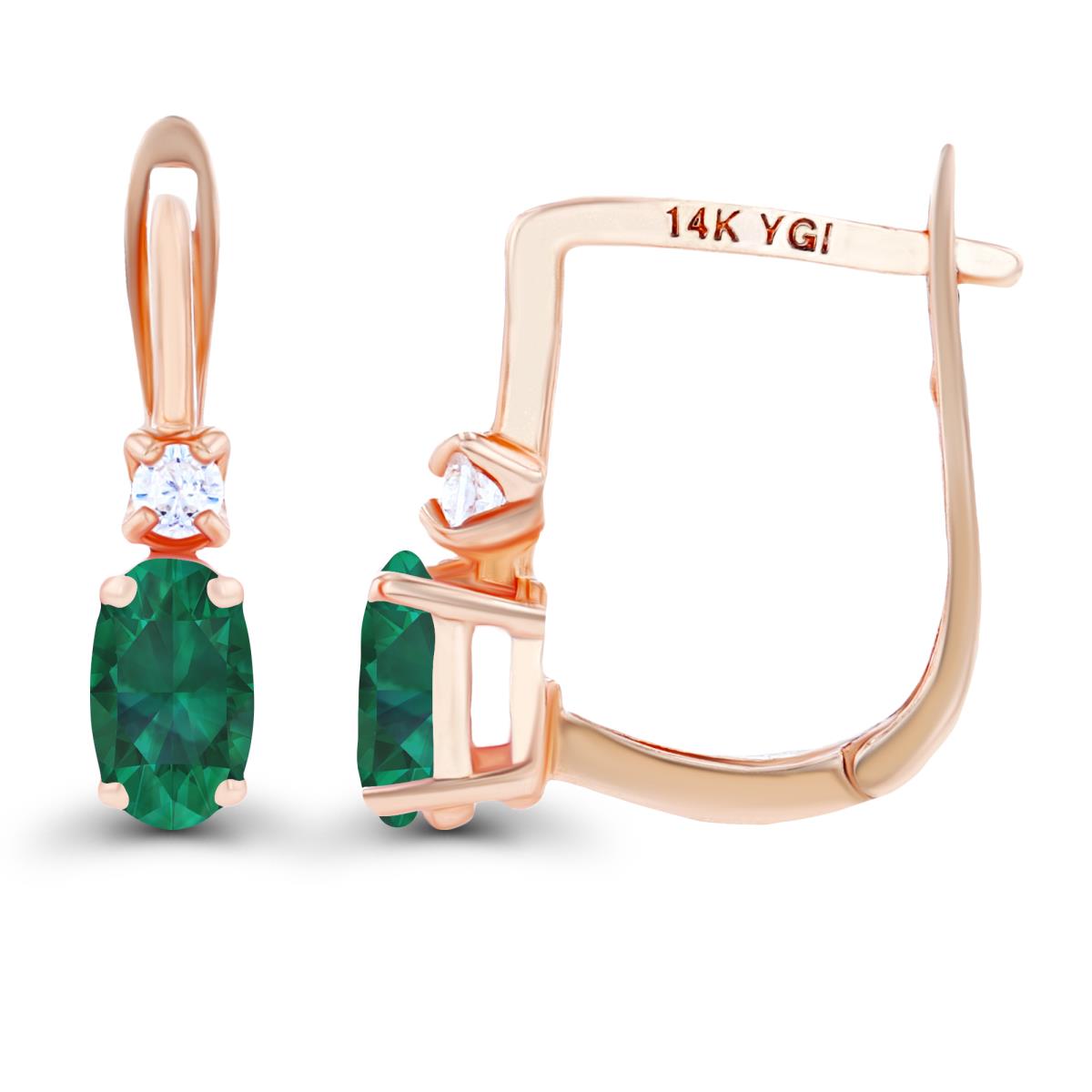 14K Rose Gold 5x3mm Oval Created Emerald & 2mm Created White Sapphire Latchback Earrings