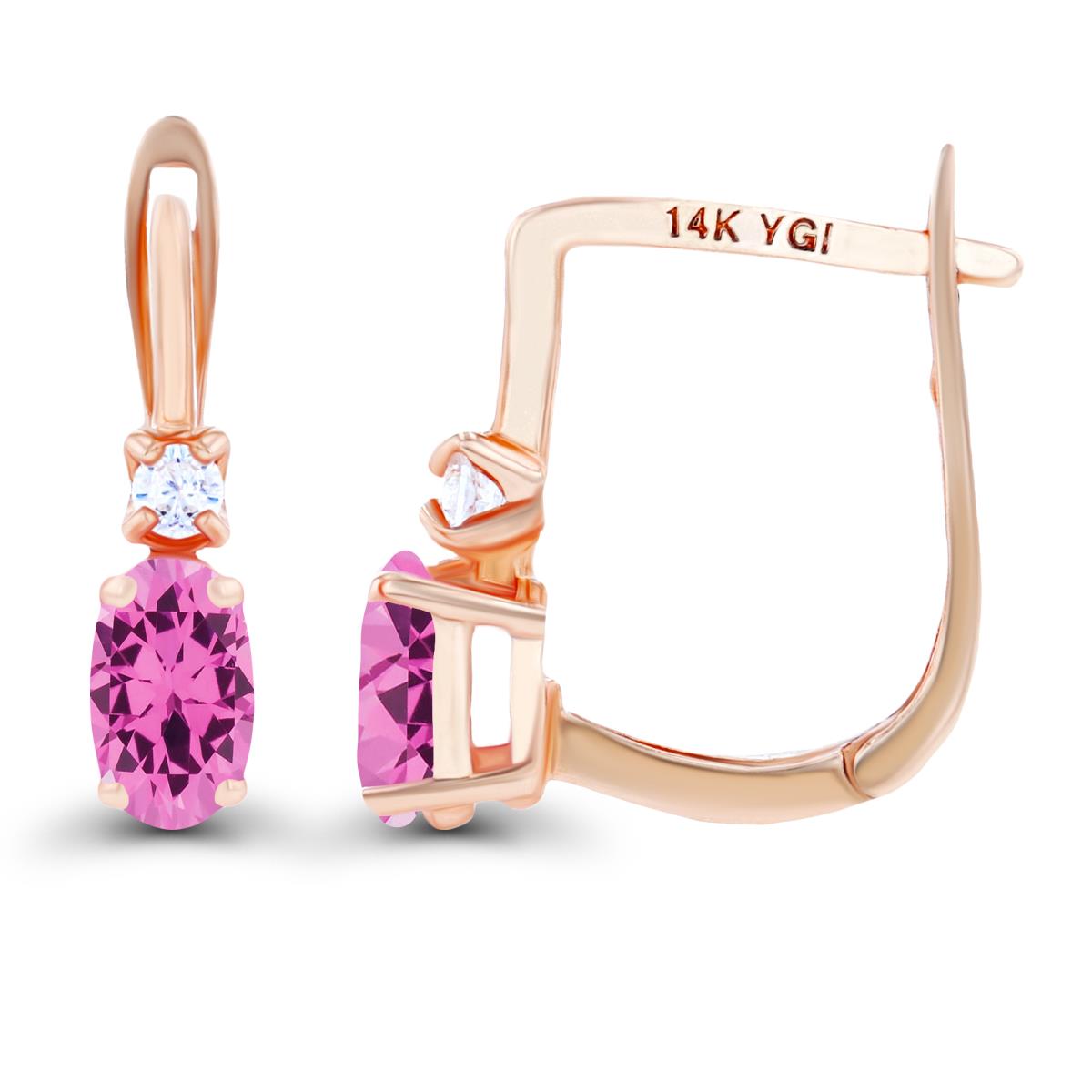 14K Rose Gold 5x3mm Oval Created Pink Sapphire & 2mm Created White Sapphire Latchback Earrings