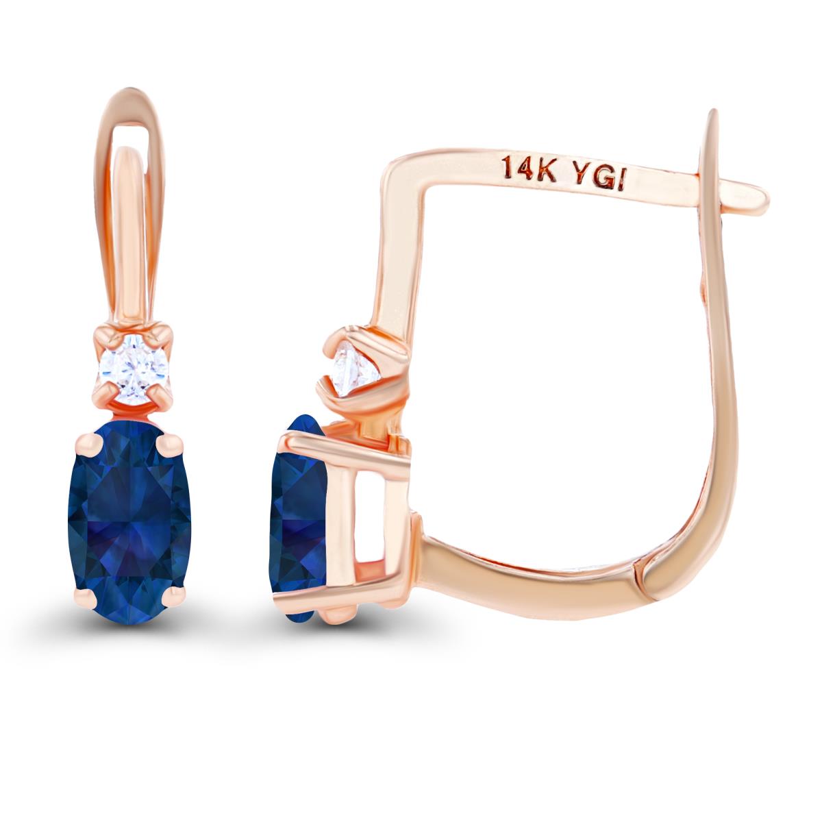 14K Rose Gold 5x3mm Oval Created Blue Sapphire & 2mm Created White Sapphire Latchback Earrings