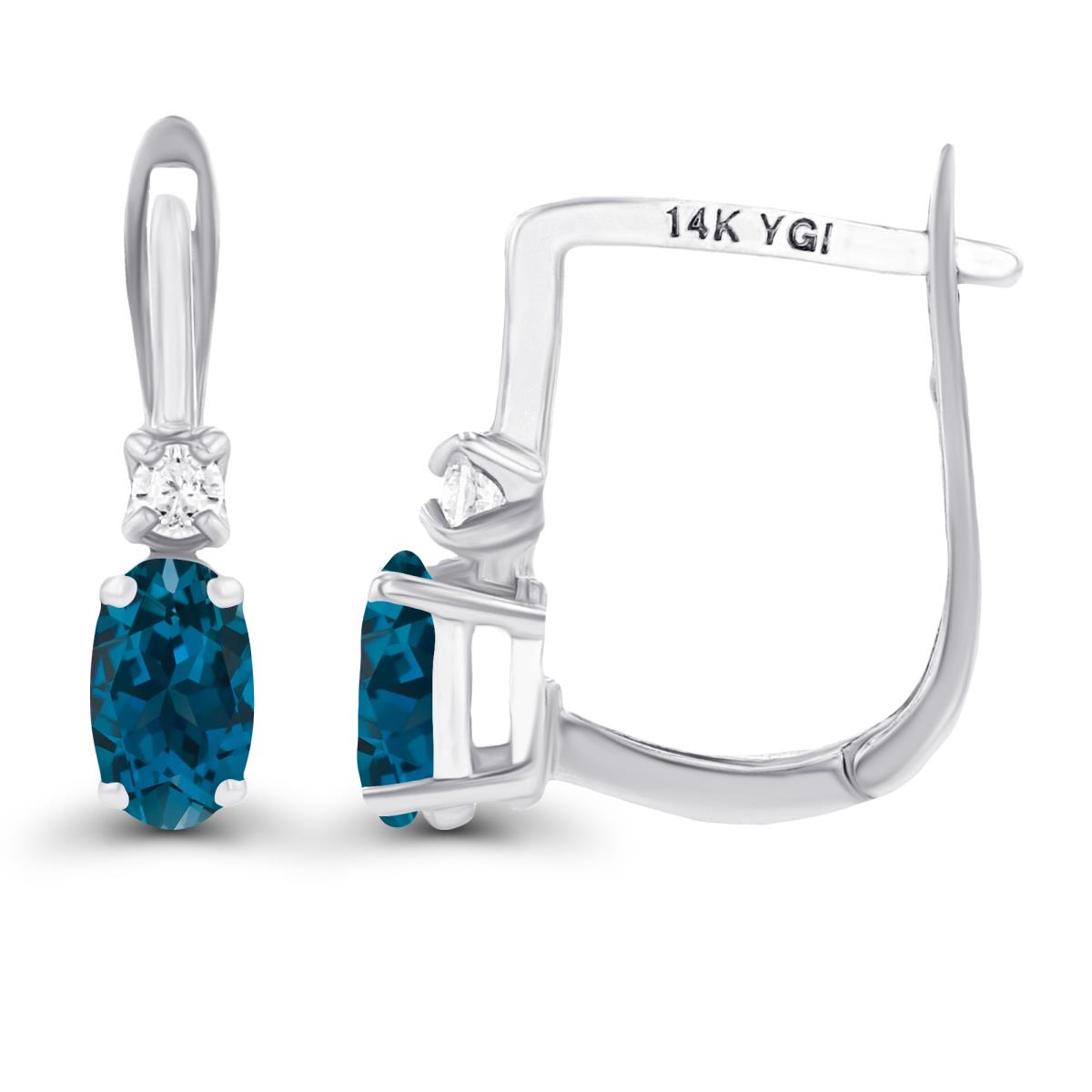 14K White Gold 5x3mm Oval London Blue Topaz & 2mm Created White Sapphire Latchback Earrings