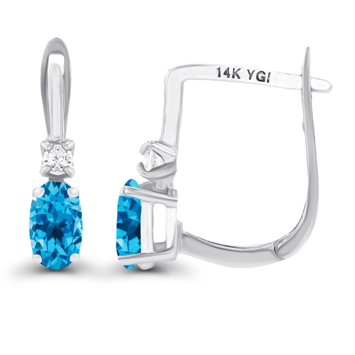 14K White Gold 5x3mm Oval Swiss Blue Topaz & 2mm Created White Sapphire Latchback Earrings