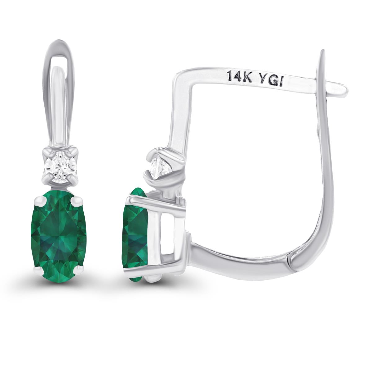 14K White Gold 5x3mm Oval Created Emerald & 2mm Created White Sapphire Latchback Earrings
