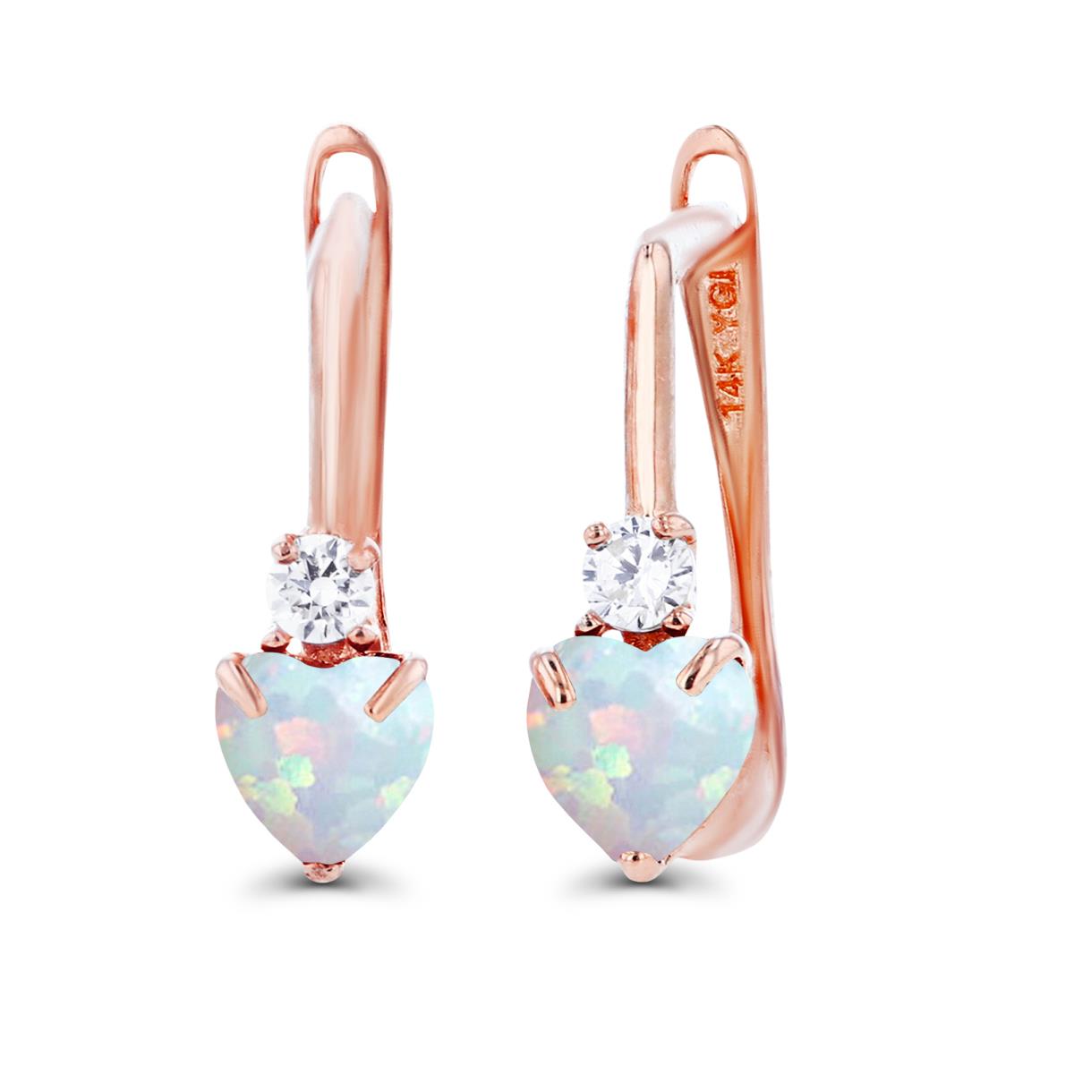 14K Rose Gold 4mm Heart Created Opal & Created White Sapphire Latchback Earrings
