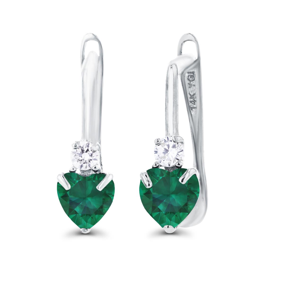 14K White Gold 4mm Heart Created Emerald & Created White Sapphire Latchback Earrings