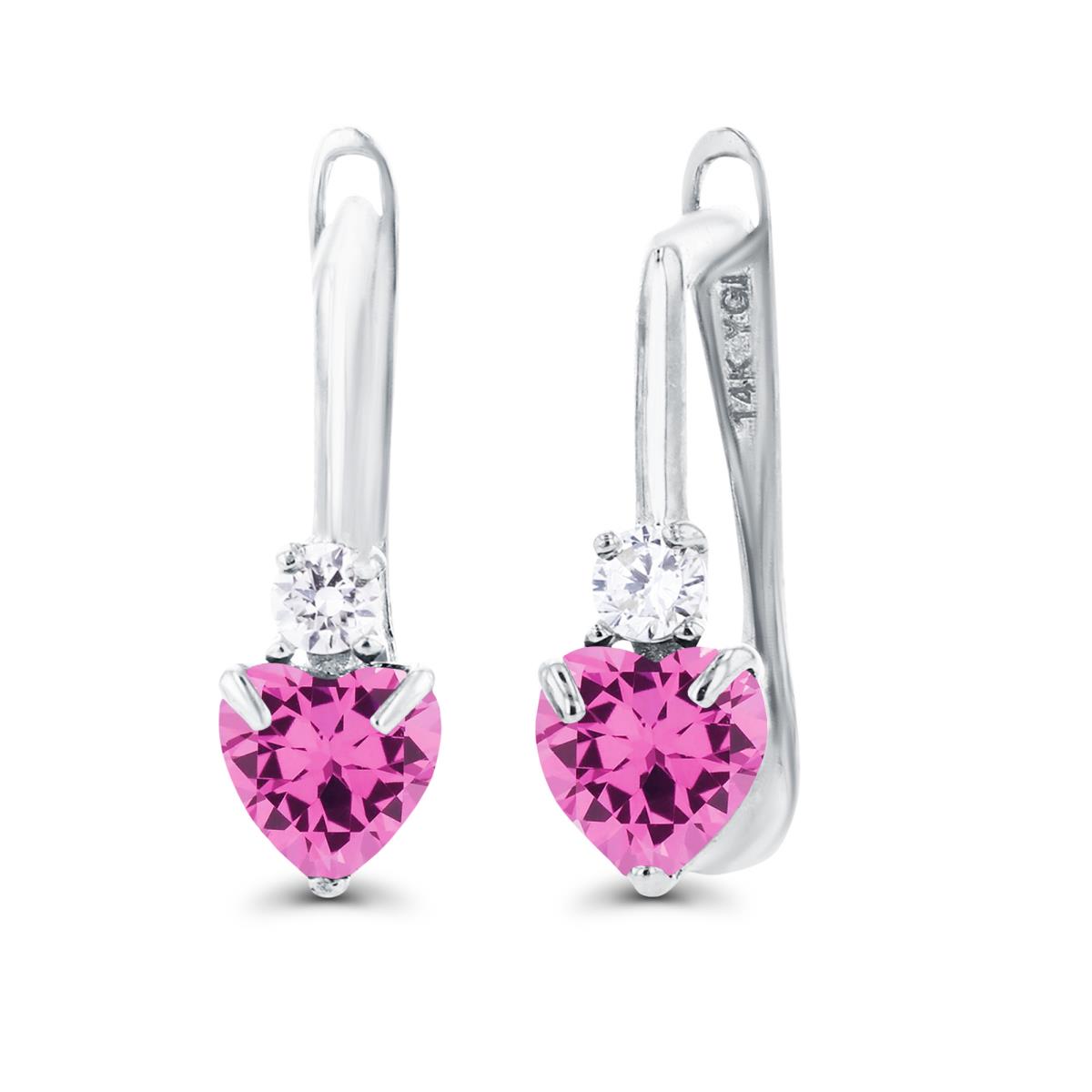14K White Gold 4mm Heart Created Pink Sapphire & Created White Sapphire Latchback Earrings