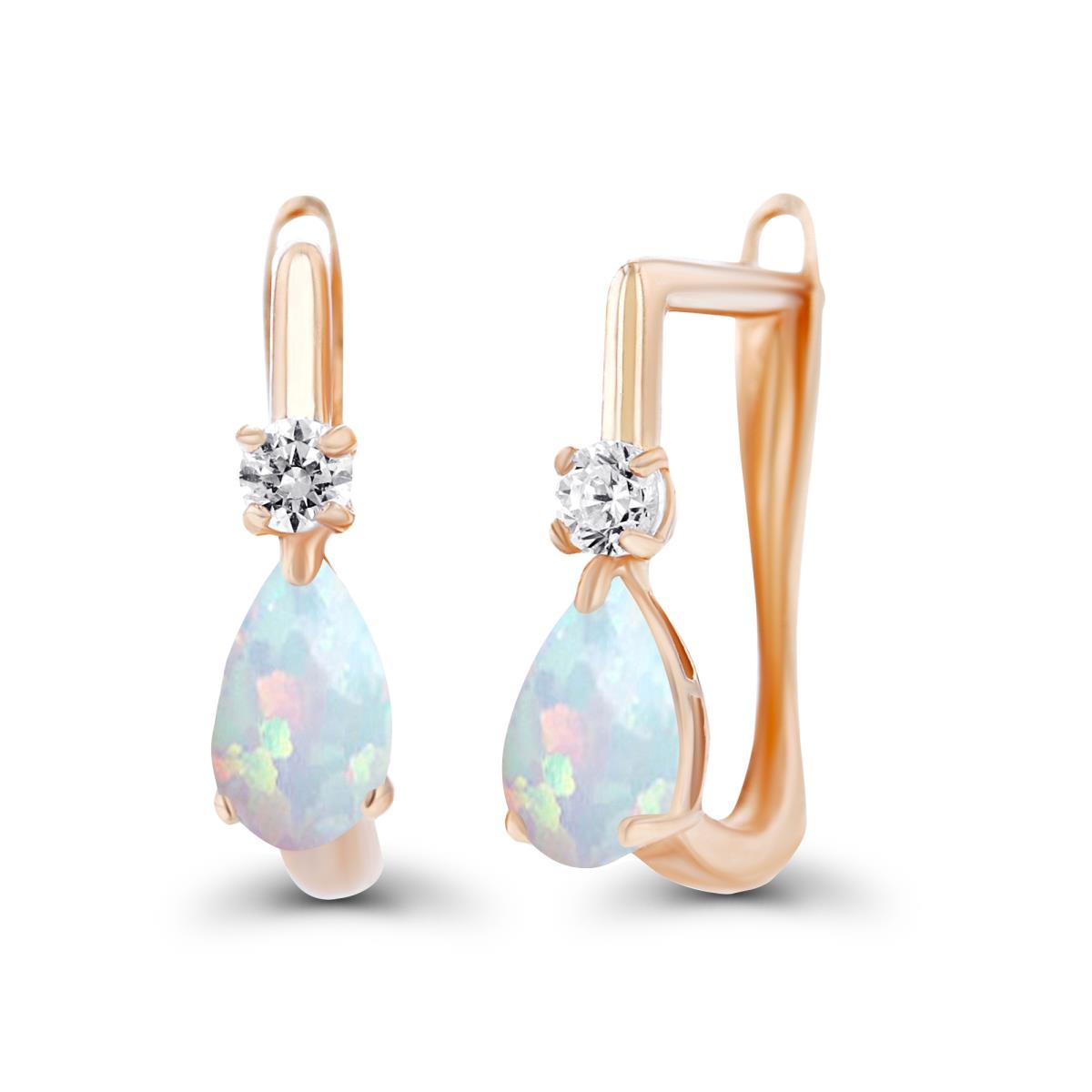14K Rose Gold 5x3mm Pear Created Opal & 2mm Created White Sapphire Latchback Earrings