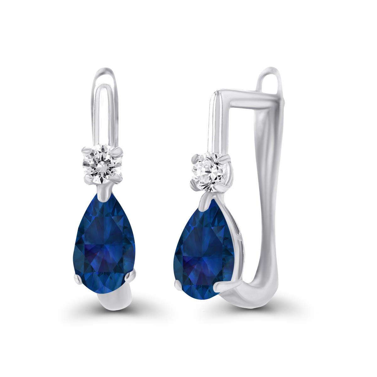 14K White Gold 5x3mm Pear Created Blue Sapphire & 2mm Created White Sapphire Latchback Earrings