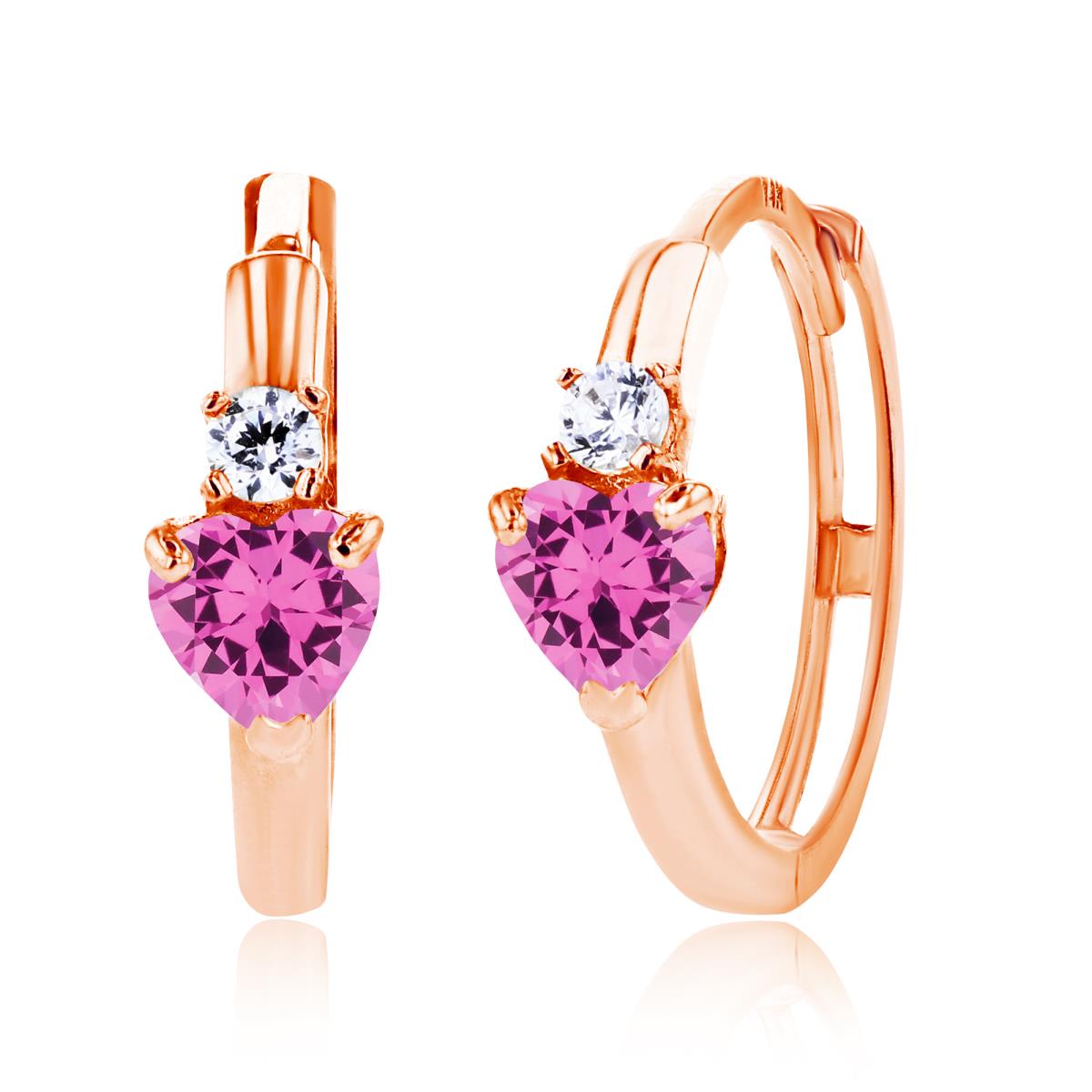 14K Rose Gold 4mm Heart Created Pink Sapphire & 2mm Created White Sapphire Huggie Earrings