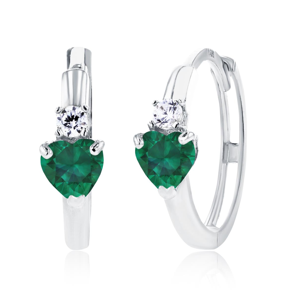 14K White Gold 4mm Heart Created Emerald & 2mm Created White Sapphire Huggie Earrings