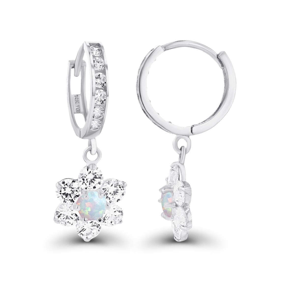 14K White Gold 3.5mm Created Opal & Created White Sapphire Flower Dangling Huggie Earrings