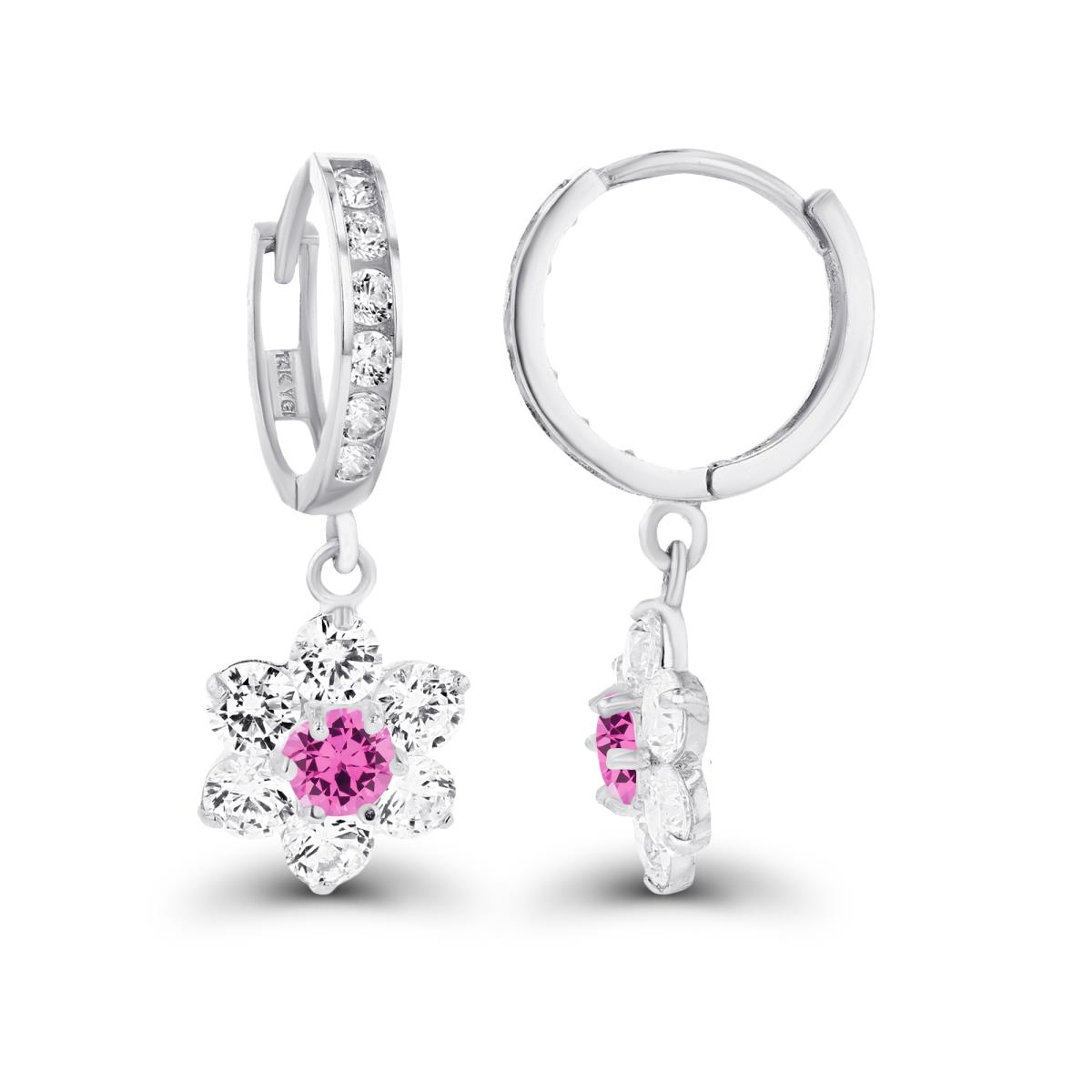 14K White Gold 3.5mm Created Pink Sapphire & Created White Sapphire Flower Dangling Huggie Earrings