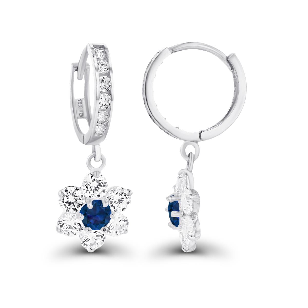14K White Gold 3.5mm Created Blue Sapphire & Created White Sapphire Flower Dangling Huggie Earrings