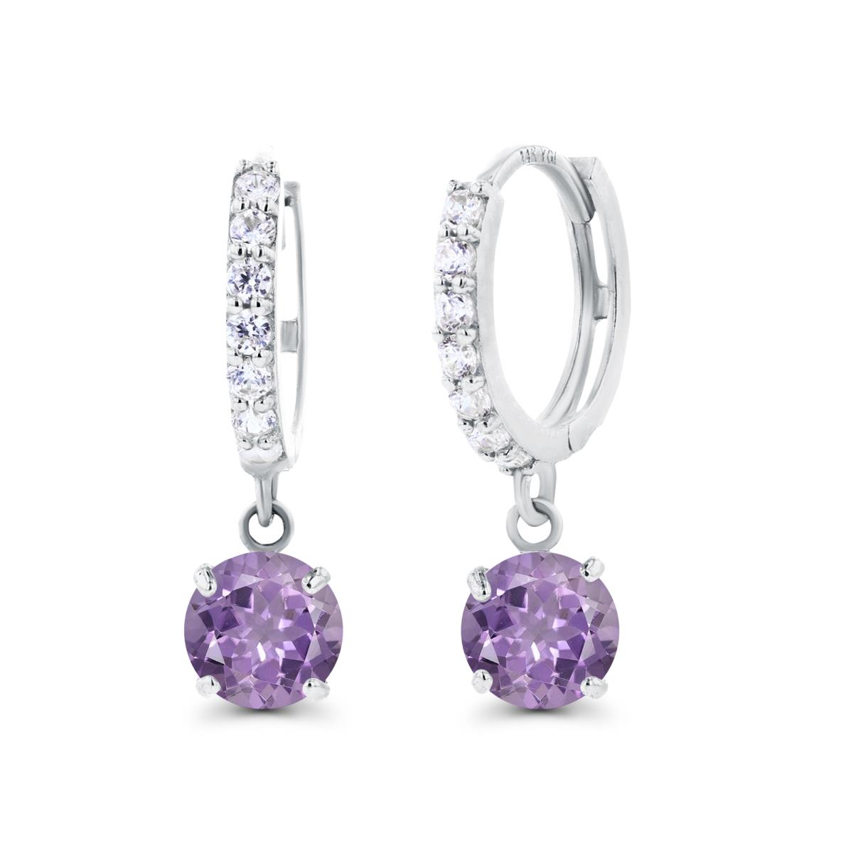 14K White Gold 5mm Rose De France & Created White Sapphire Dangling Huggie Earrings