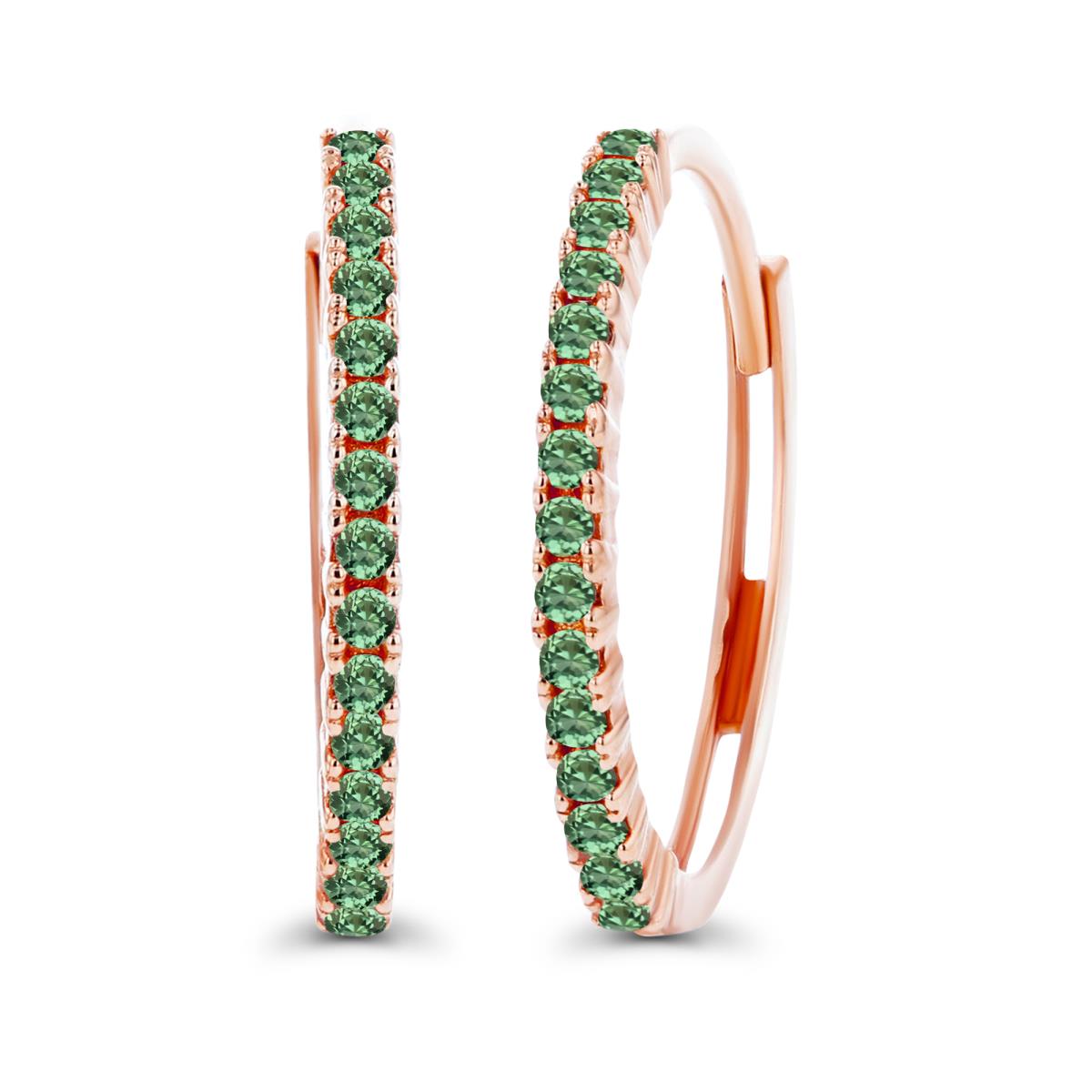 14K Rose Gold One-Row Round Created Green Sapphire Huggie Earring
