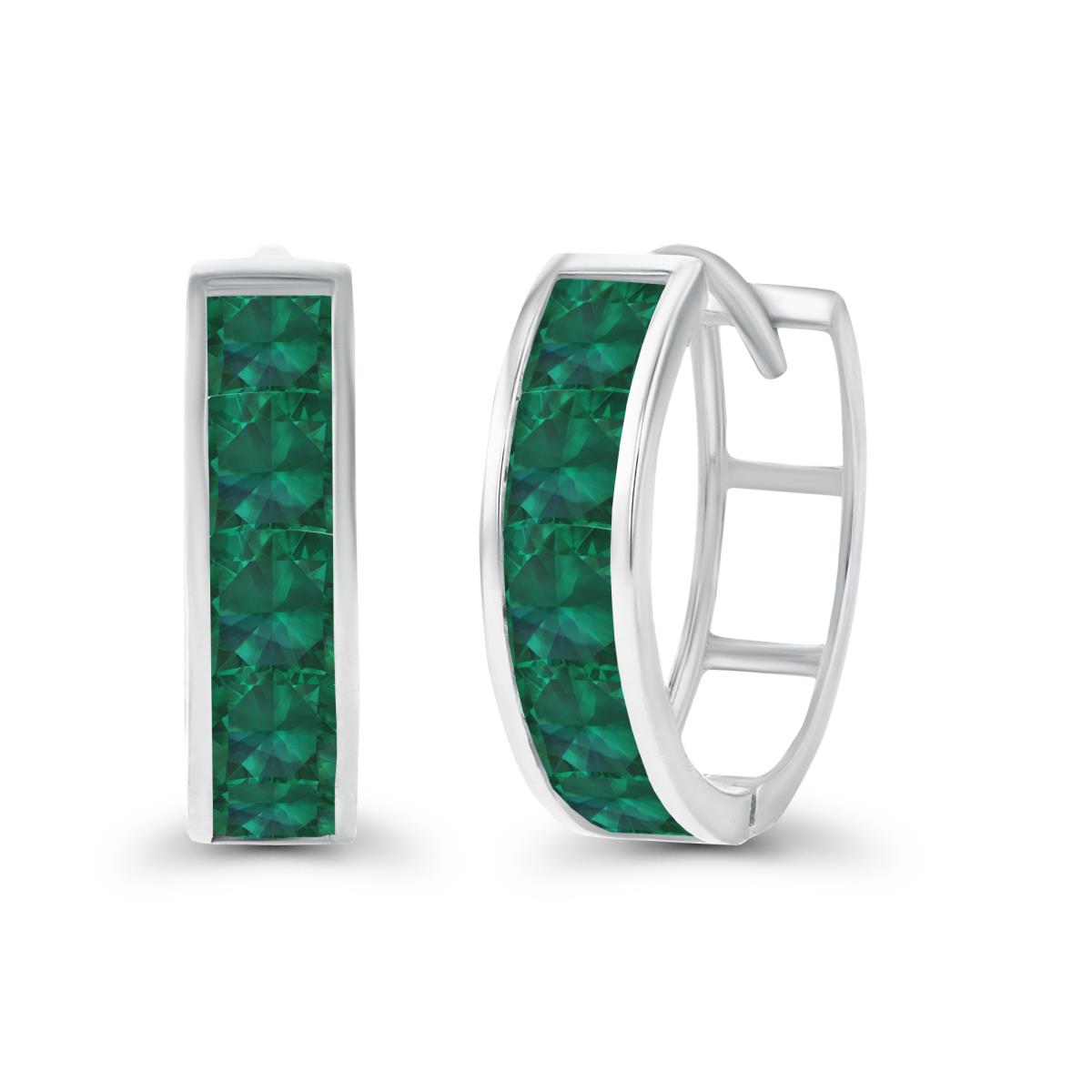 14K White Gold 3mm Square Created Emerald Channel Huggie Earring