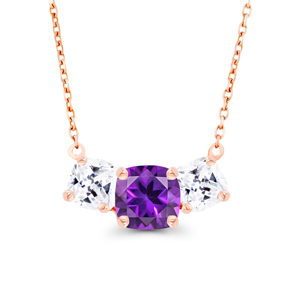14K Rose Gold 5mm Cushion Amethyst & 4mm Cushion Created White Sapphire 3-Stone 18" Necklace