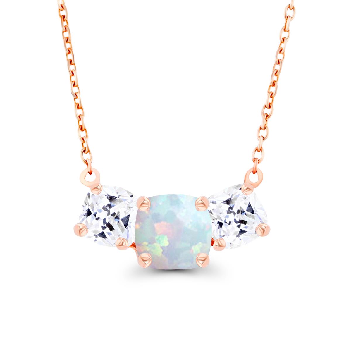 14K Rose Gold 5mm Cushion Created Opal & 4mm Cushion Created White Sapphire 3-Stone 18" Necklace