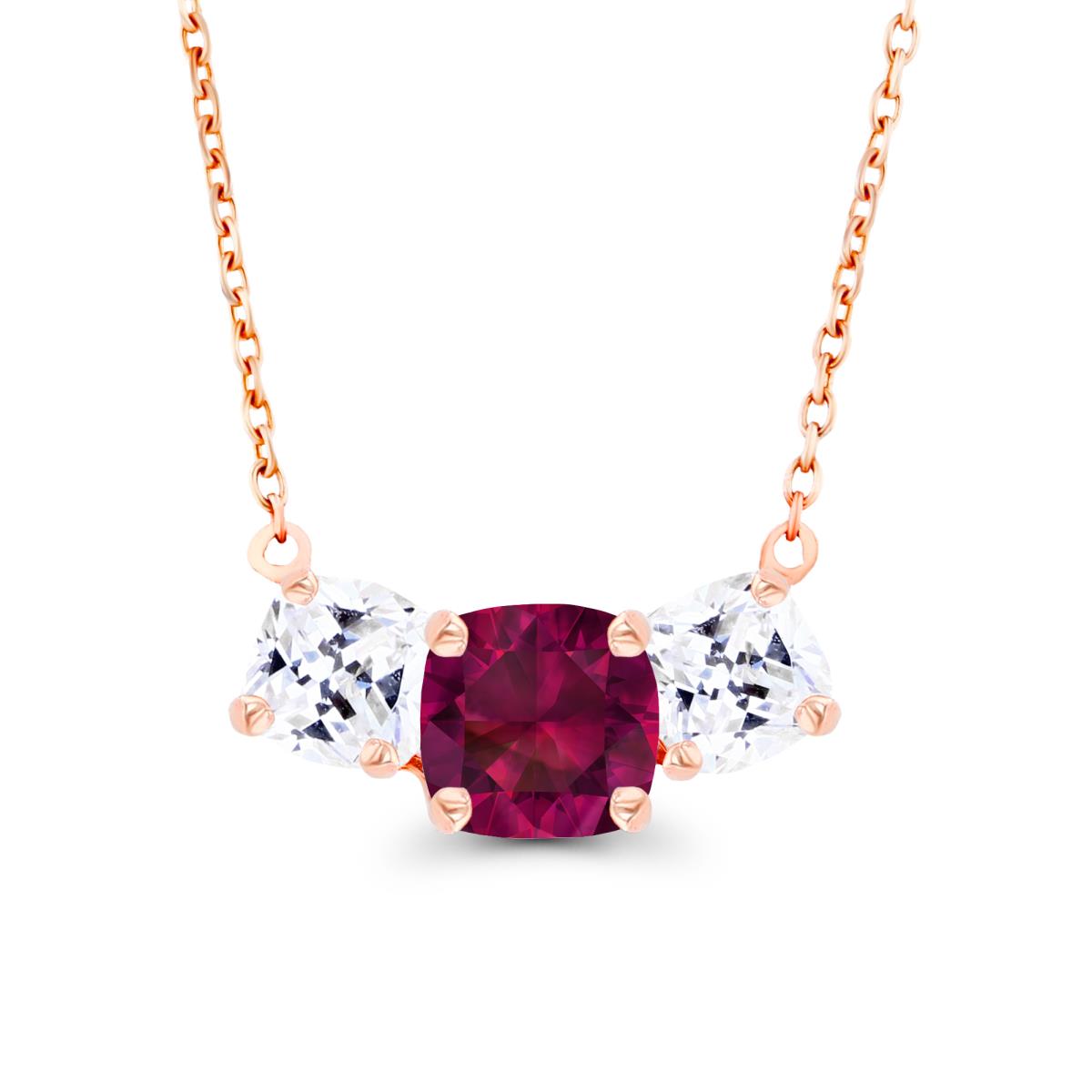 14K Rose Gold 5mm Cushion Created Ruby & 4mm Cushion Created White Sapphire 3-Stone 18" Necklace