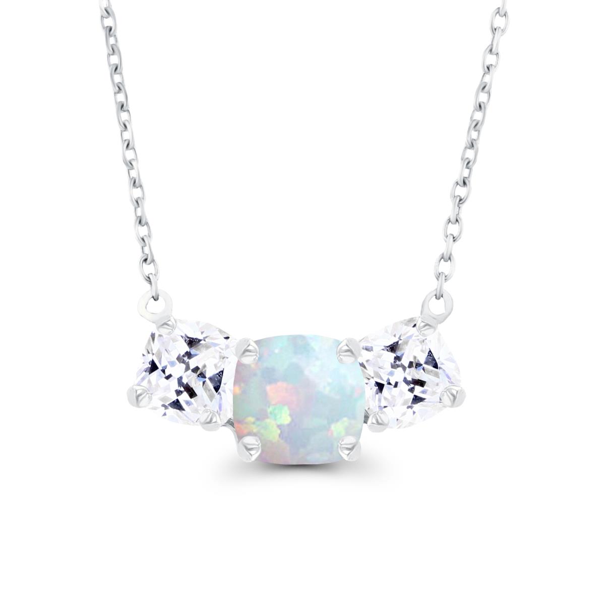14K White Gold 5mm Cushion Created Opal & 4mm Cushion Created White Sapphire 3-Stone 18" Necklace