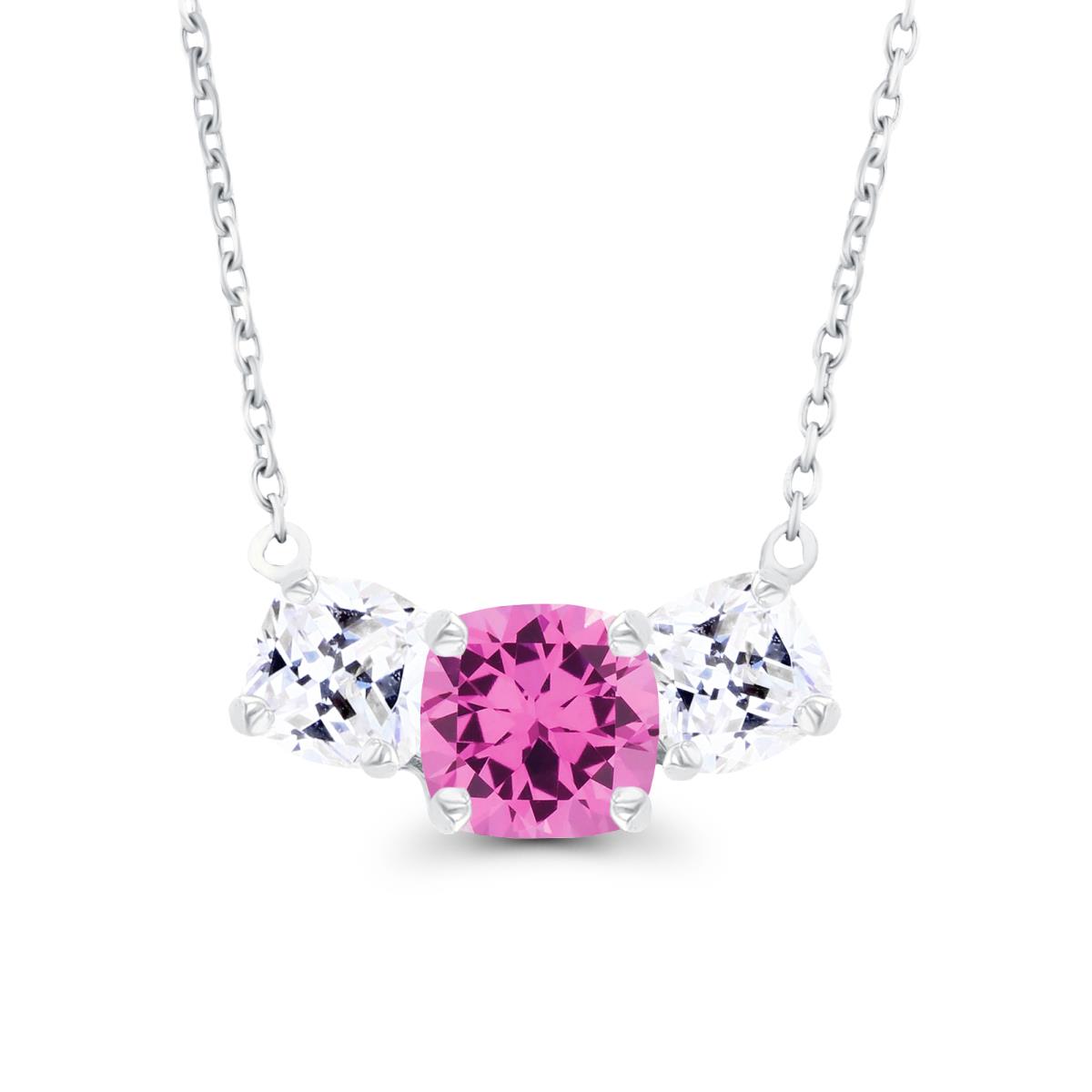 14K White Gold 5mm Cushion Created Pink Sapphire & 4mm Cushion Created White Sapphire 3-Stone 18" Necklace