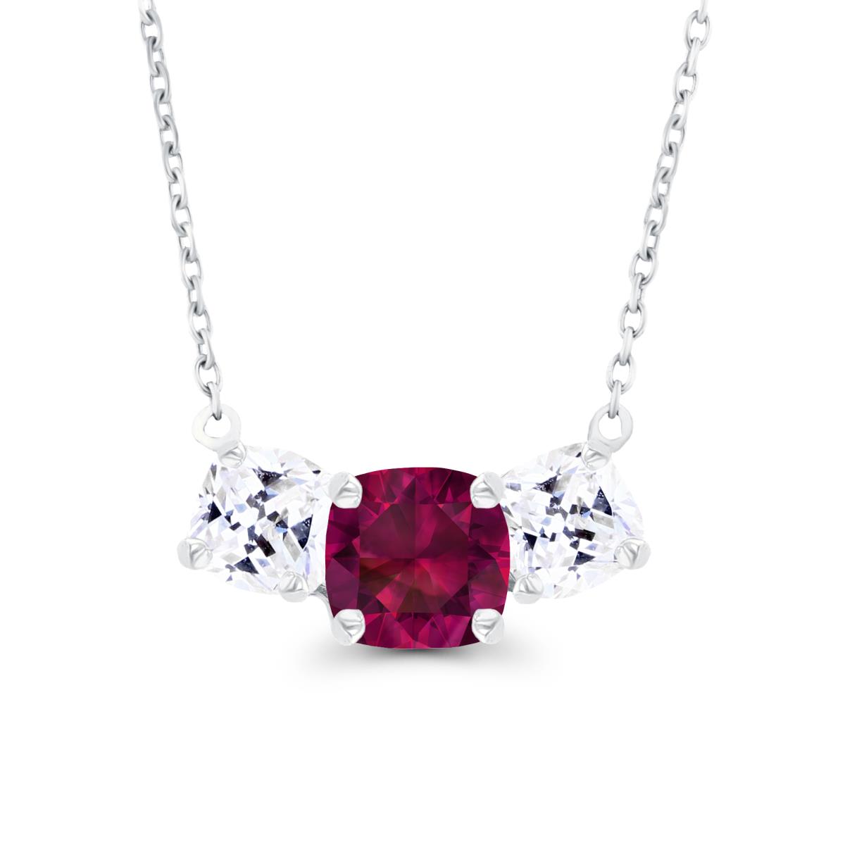 14K White Gold 5mm Cushion Created Ruby & 4mm Cushion Created White Sapphire 3-Stone 18" Necklace