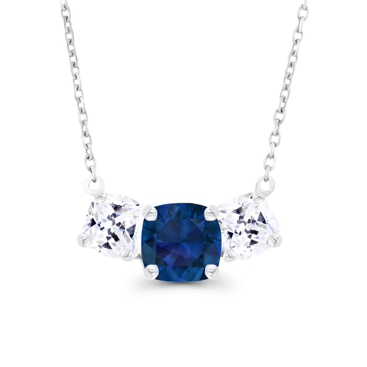 14K White Gold 5mm Cushion Created Blue Sapphire & 4mm Cushion Created White Sapphire 3-Stone 18" Necklace