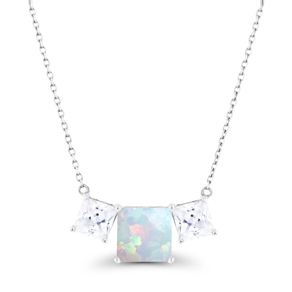 14K White Gold Triple 6mm Created Opal & 4mm Created White Sapphire 18" Necklace