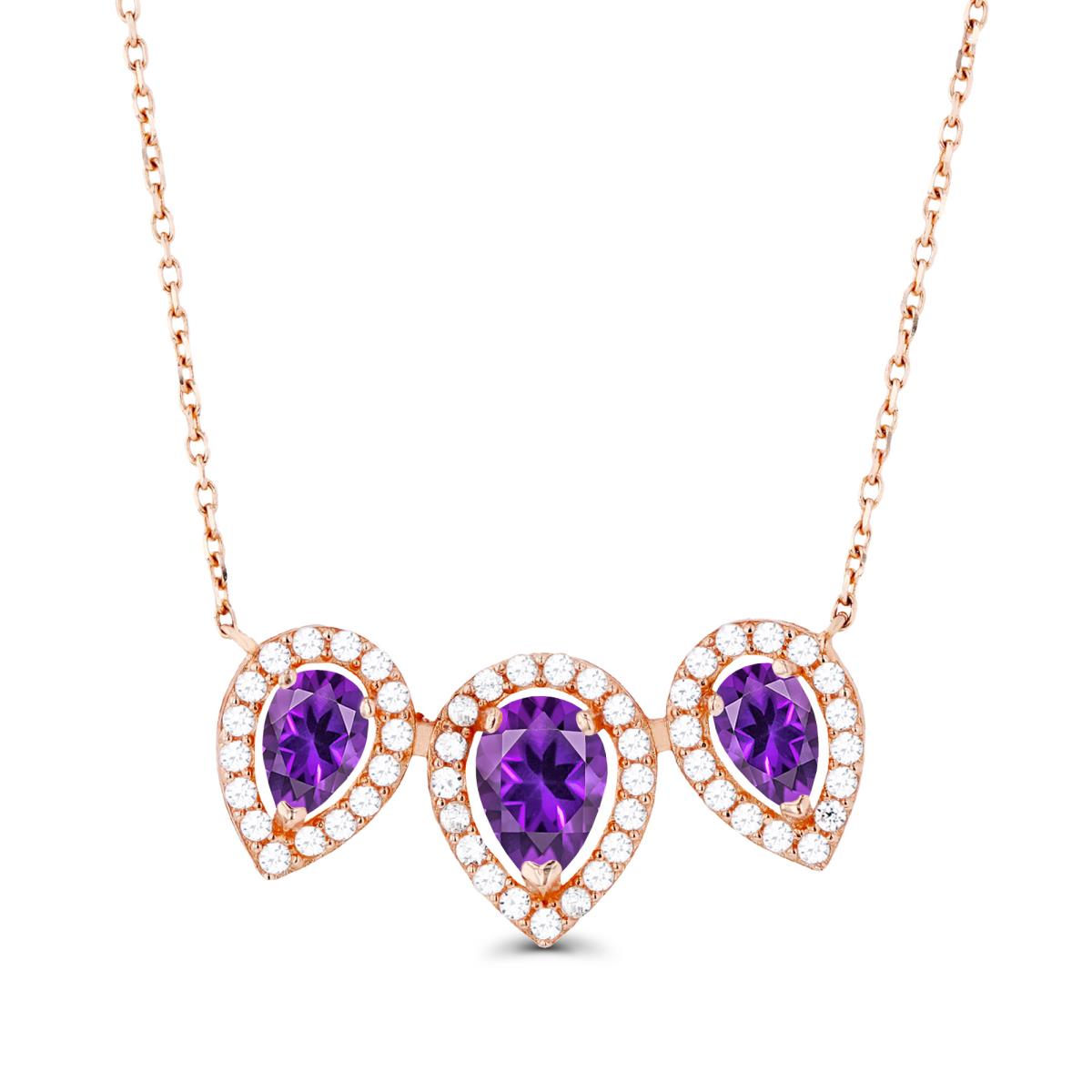 14K Rose Gold Triple Pear Amethyst & Created White Sapphire Halo 18"Necklace