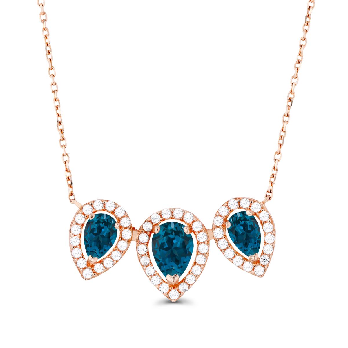 14K Rose Gold Triple Pear London Blue Topaz & Created White Sapphire Halo 18"Necklace