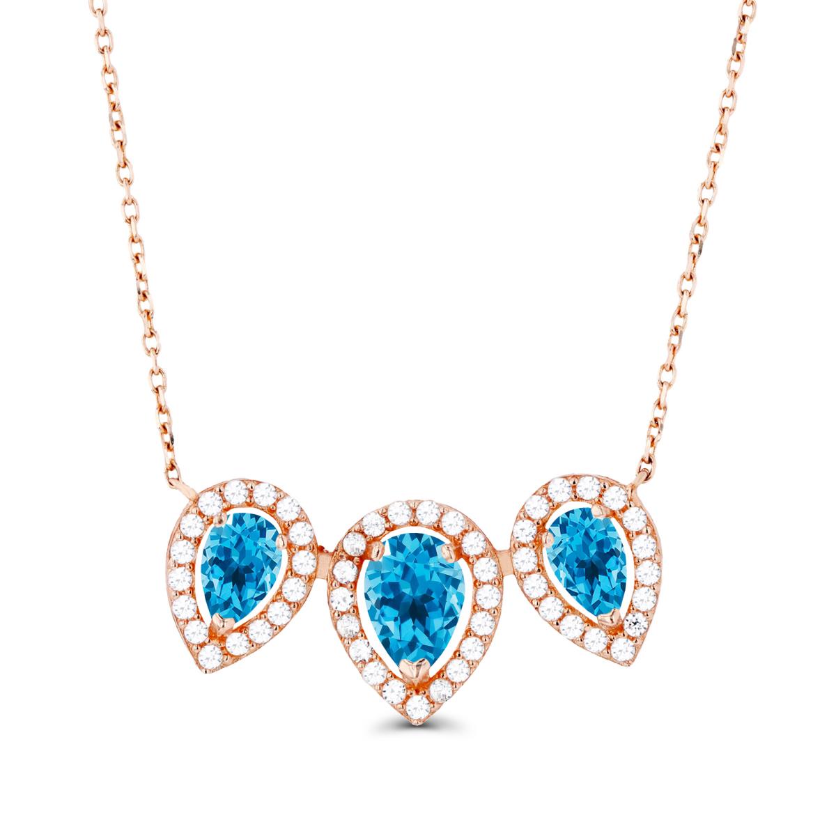 14K Rose Gold Triple Pear Swiss Blue Topaz & Created White Sapphire Halo 18"Necklace