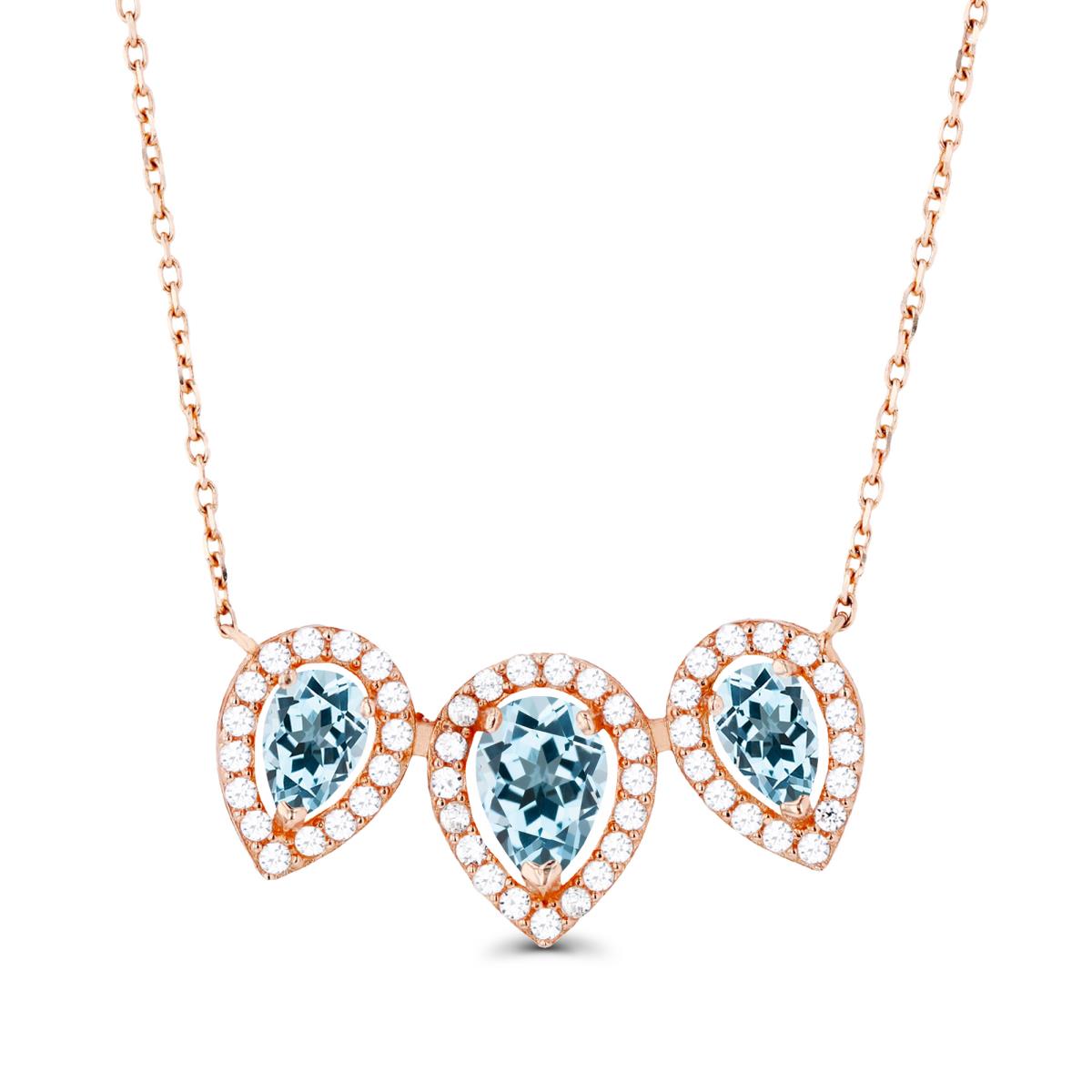 14K Rose Gold Triple Pear Sky Blue Topaz & Created White Sapphire Halo 18"Necklace