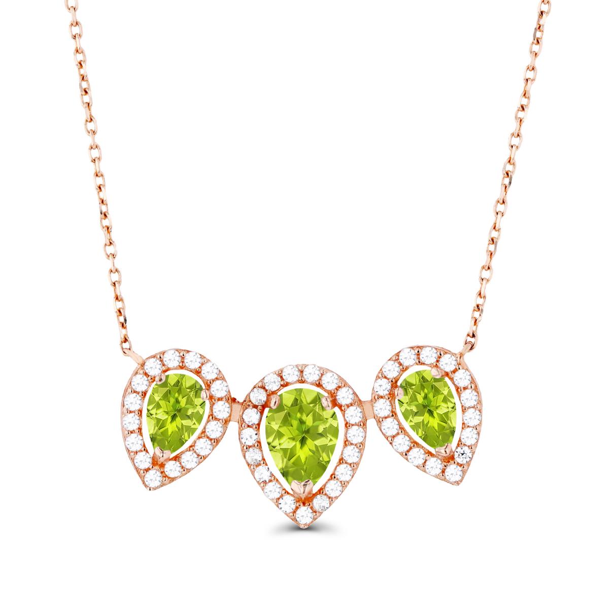 14K Rose Gold Triple Pear Peridot & Created White Sapphire Halo 18"Necklace