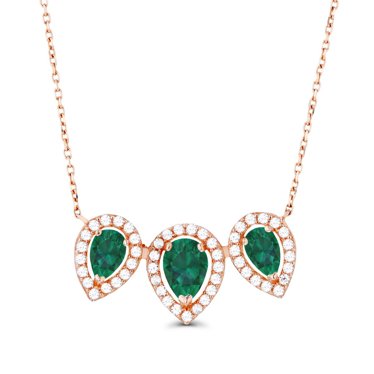 14K Rose Gold Triple Pear Created Emerald & Created White Sapphire Halo 18"Necklace