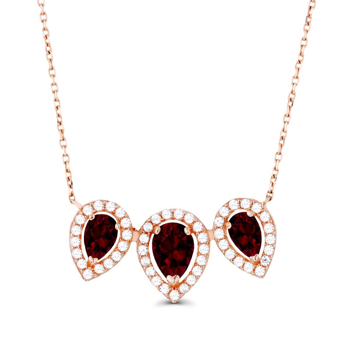 14K Rose Gold Triple Pear Garnet & Created White Sapphire Halo 18"Necklace