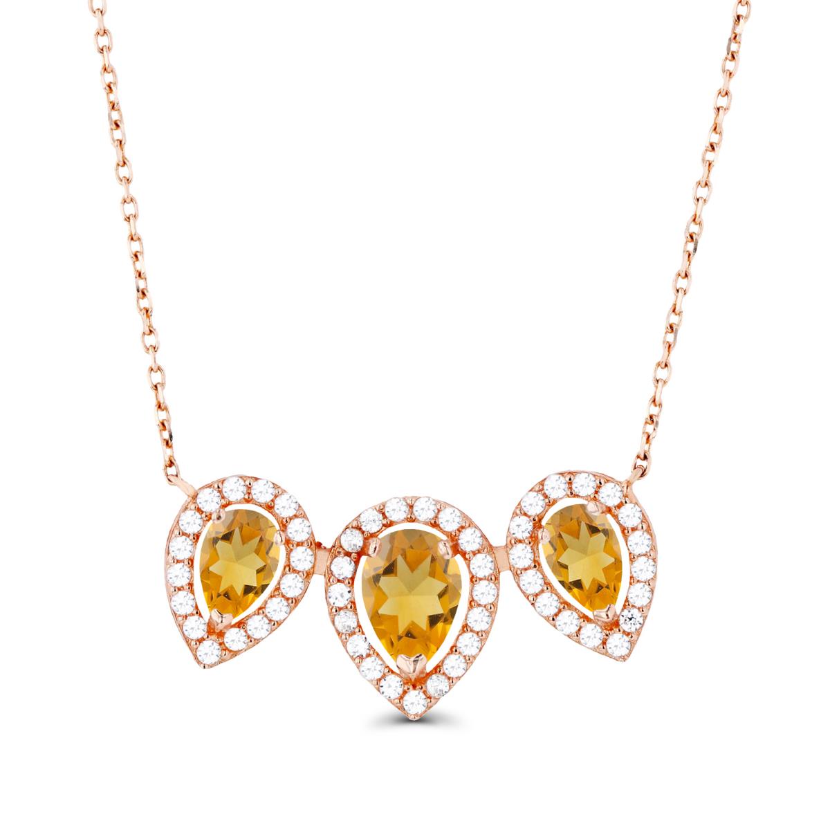 14K Rose Gold Triple Pear Citrine & Created White Sapphire Halo 18"Necklace